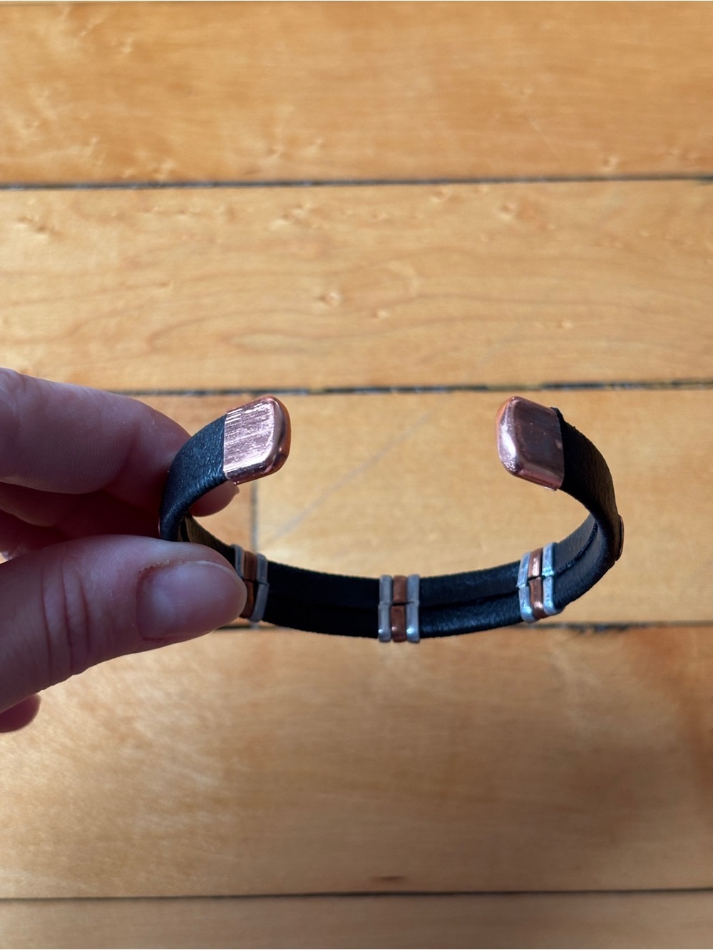 NWOT Mixed-Metal Copper & Black Leather Wrapped Magnetic Cuff Bangle Bracelet - Picture 10 of 16